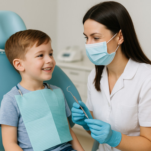 Odontopediatra revisando los dientes de un niño
